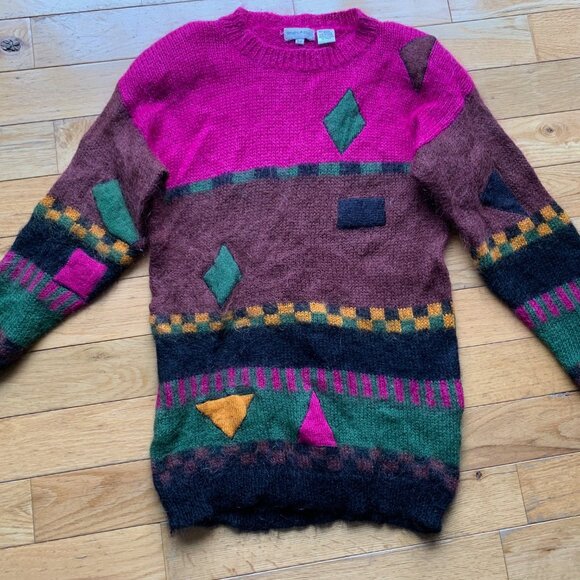 Vintage White Stag Mohair Blend Sweater – S/P – Bright 80s/90s Geometric Pattern - Picture 1 of 7
